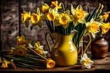 Fototapeta Uliczki - a photo of a daffodil arrangement on a farmhouse table, shown in an old enamelware pitcher