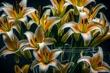 Fototapeta Uliczki - An up-close view of a bunch of lilies in a clear vase that highlights their subtle details 