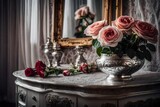 Fototapeta Uliczki - An up-close look at a silver-plated rose arrangement on an antique dresser wrapped in lace.