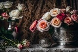 Fototapeta Uliczki - A close-up of a rose arrangement in a silver vase displayed on an antique dresser wrapped in lace.