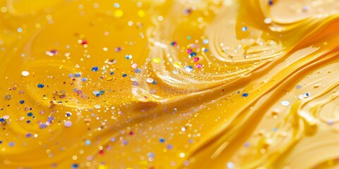 Poster - Elegant yellow paint mural with a sprinkling of colorful glitter over a white background.