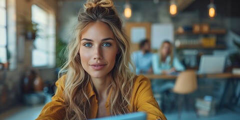 Wall Mural - A woman with layered hair is smiling while sitting at a table with an electric blue laptop. She is using a portable communications device for fun communication during an event