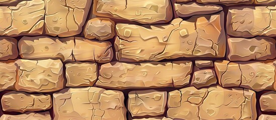 Poster - A close up of a brown brick wall made of building material. The pattern resembles cobblestone rocks with a beige and wood flooring art