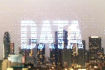 Wall Mural - virtual data word sign hologram on blurry skyline background. multiexposure