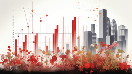 Red and gray modern vector infographic design template with city in background.