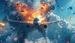Airplane engulfed in flames mid-air. The concept of violence and terrorism