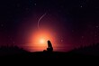 A girl sits on the hill gazing at the sky with stars against an endless sea of dark red and purple hues infinity. Meditation. A silhouette contemplating on top of hill. Night scene. Purple gradient
