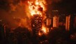 Large fire blazing in city at night. The concept of violence and terrorism