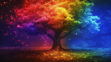 Wall Mural - Mystical tree with vibrant rainbow colors and a fantasy vibe AI Generative.