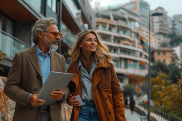 A man and a woman in formal wear are strolling down a city street, smiling and looking at a tablet. The facade of a building and crowd of people add to the fun travel experience