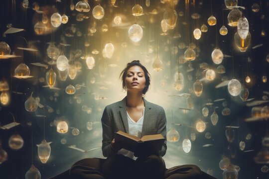 A woman sits and reads a book, glowing signs fly above him. Inspiration from reading the concept. Educational knowledge and business education ideas. Innovation, self-learning, knowledge