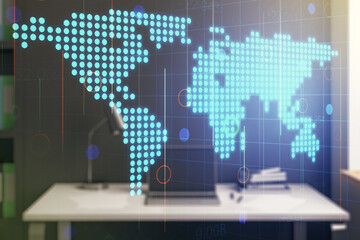 Wall Mural - multi exposure of abstract creative digital world map and modern desktop with computer on background