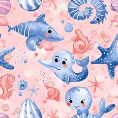 Wall Mural - Cute cartoon sea creatures and shells pattern on a pink background