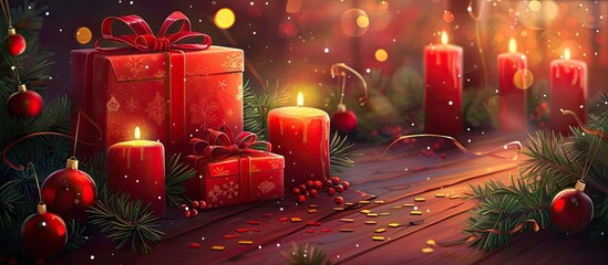 Poster - A wooden table adorned with Automotive lighting, Christmas presents, candles, and magenta decorations creating a warm and festive atmosphere in the darkness