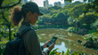 Girl in the park holding a smartphone, generative Ai