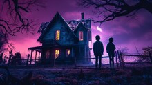 Kids Standing In Front Of A Haunted House. Halloween Theme.