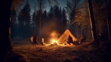 Camping in the forest at night with a bonfire and a tent