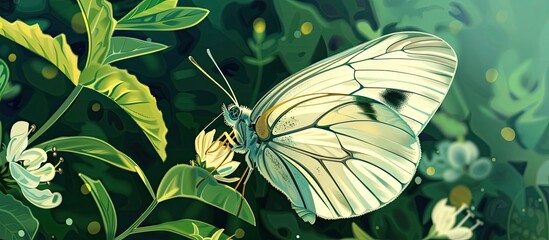 Canvas Print - A white butterfly, a pollinator insect, is perched on a green plant. This beautiful event showcases the intricate relationship between moths and butterflies, arthropods, and nature