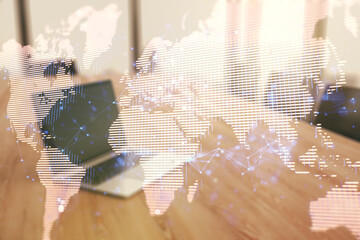 Wall Mural - multi exposure of abstract creative digital world map on laptop background, research and analytics c