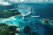 A private jet flying over tropical islands offering a glimpse into the world of luxury air travel