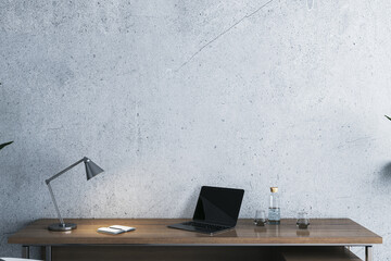 Wall Mural - Modern concrete and wooden home office interior with workplace and mock up place on wall. 3D Rendering.