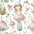 Cute little fairies and mushrooms seamless pattern