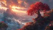 Sacred tree on a cliff with mountains and sunset in the background. Mythical World Tree.