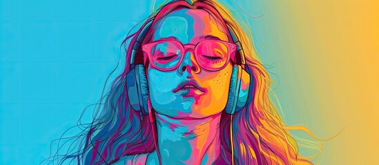 Wall Mural - An artistic portrayal of a cool woman with purple sunglasses and headphones, showcasing her flawless lips, chin, and eyebrow. Her eyelashes stand out in this colorful piece of art