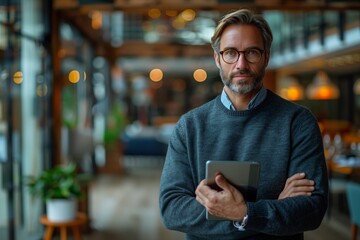 Wall Mural - A man in glasses is gesturing with his thumb while holding a tablet at a city event. He has facial hair and is standing next to a flowerpot, adding a fun touch to the scene