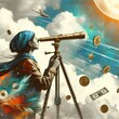 Art collage. Woman with a telescope looks up to win money. Successful defeat competition concept.