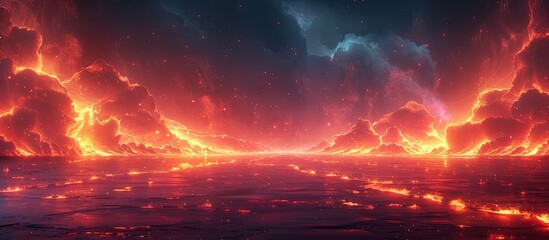 Sticker - A stunning painting depicting a volcano erupting over a body of water, with cumulus clouds in the red sky at morning afterglow, creating a breathtaking landscape as dusk settles on the horizon