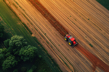 Wall Mural - aerial view of modern tractor working on the autumn field