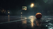 A Detailed Image Of A Dark Basketball Court With One Light Illuminating A Basketball Laying On The Floor