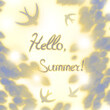Summer raster picture with the inscription hello summer, shadows from swallows and tree leaves. 