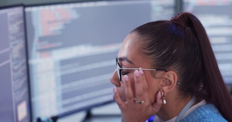 Office, woman and headache in computer with coding as data analyst for programming or digital transformation. Worker, programmer and pc to analyze statistics, information and technology development