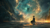 Fototapeta  - A lone figure sits in contemplative meditation before a magnificent nebular formation, embodying a deep connection with the cosmos