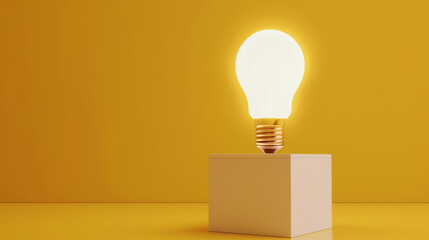 Wall Mural - Illuminated Light Bulb on Bright Yellow Square Pedestal..