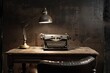 A classic vintage typewriter set on a wooden desk illuminated by a desk lamp
