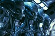 Extraterrestrial beings stand inside a highly advanced spacecraft