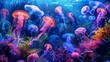 A vibrant underwater scene with glowing jellyfish and bioluminescent creatures  AI generated illustration
