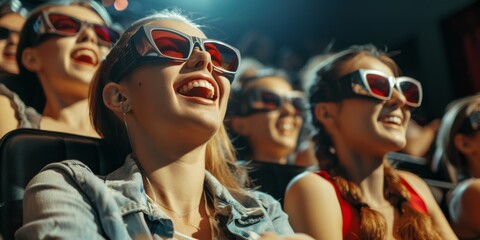 Sticker - A group of women are sitting in a movie theater, wearing 3D glasses and smiling