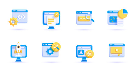 Wall Mural - 3d business icon set. trendy illustrations of digital business, app development, marketing, data ana
