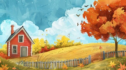 A whimsical illustration of a rural farmhouse  AI generated illustration