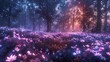 Enchanted forest with ethereal glow, misty ground, luminous flowers, wide lens, low angle, twilight ambiance