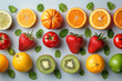 fruit pattern, oranges, strawberries, kiwi and lemon on a light background.