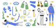 © Aleks - Diving set. Man and woman divers swimming in water suits, oxygen masks, tanks and equipment for scuba and snorkel. Underwater snorkelling. Line art vector illustrations