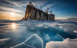 Frozen Lake Baikal, deep blue ice cracks, stark, mesmerizing winter landscape, Siberian wilderness