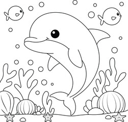 Wall Mural - Cute dolphin with background coloring page for kids. Funny animal outline illustration