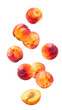 Falling Nectarine or peach isolated on white background, full depth of field