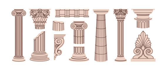 Greek antique architecture elements set. Ancient columns, Roman pillars and vintage constructions. Hand-drawn old classic architectural structures. Vector illustration isolated on white background